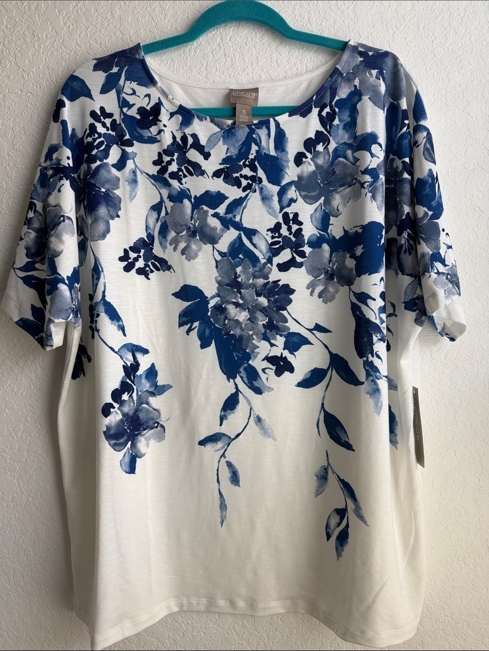 Chico's White Elbow Sleeve Tunic with Blue Floral Print